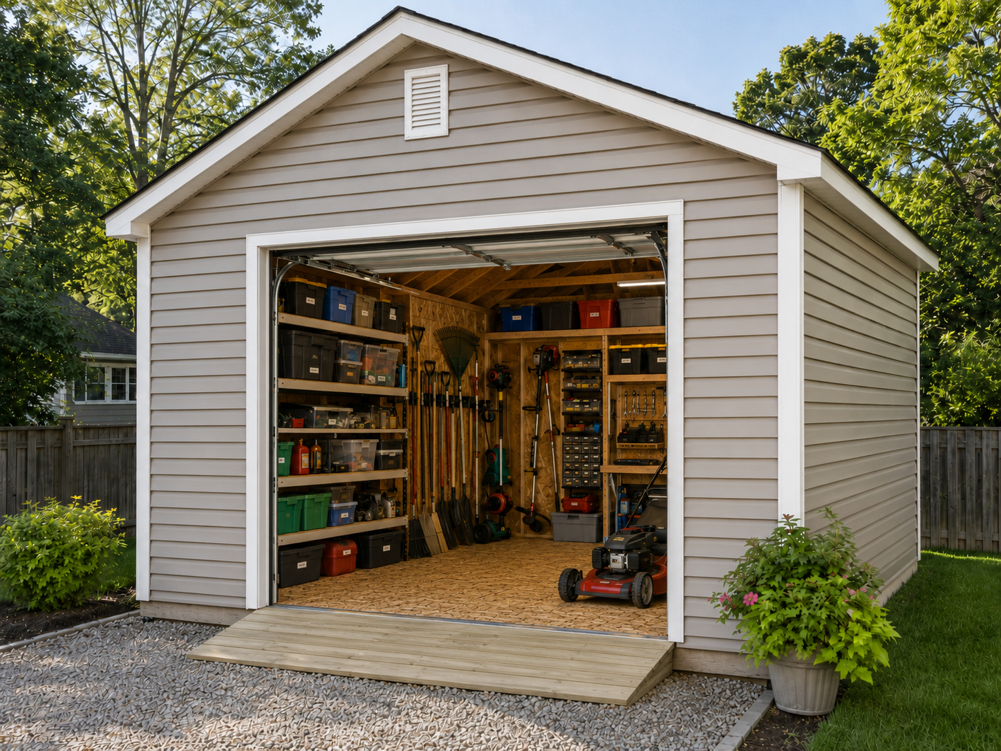 Garden storage shed with overhead door and organized shelving