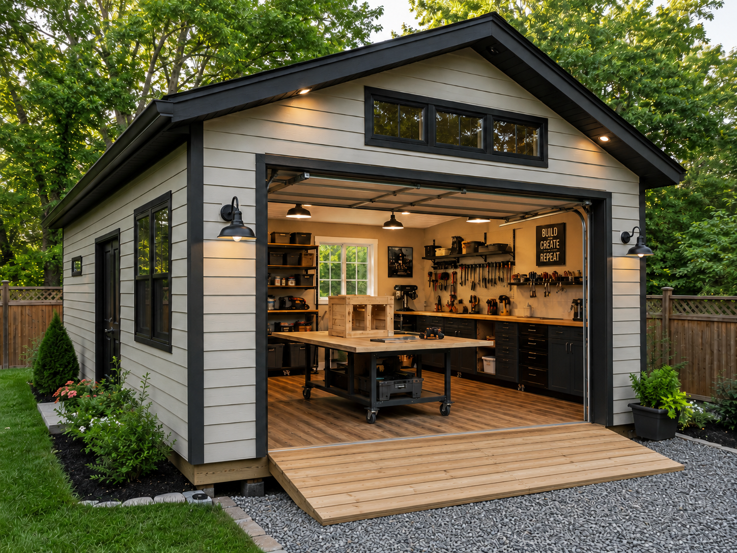 Finished backyard workshop shed with wide overhead door